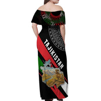 Tajikistan Marco Polo Sheep Off Shoulder Maxi Dress with Black Red Green Tribal Flag Pattern