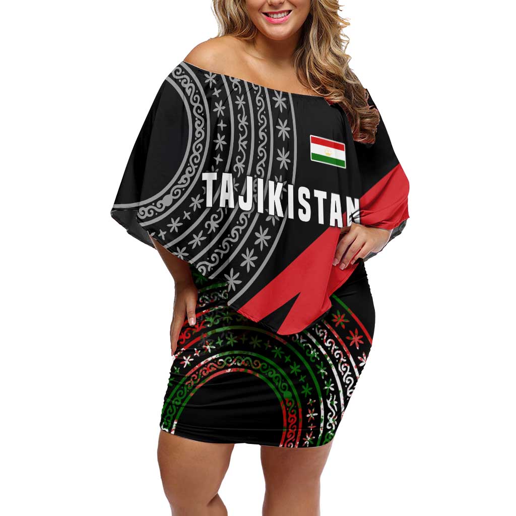 Tajikistan Marco Polo Sheep Off Shoulder Short Dress with Black Red Green Tribal Flag Pattern
