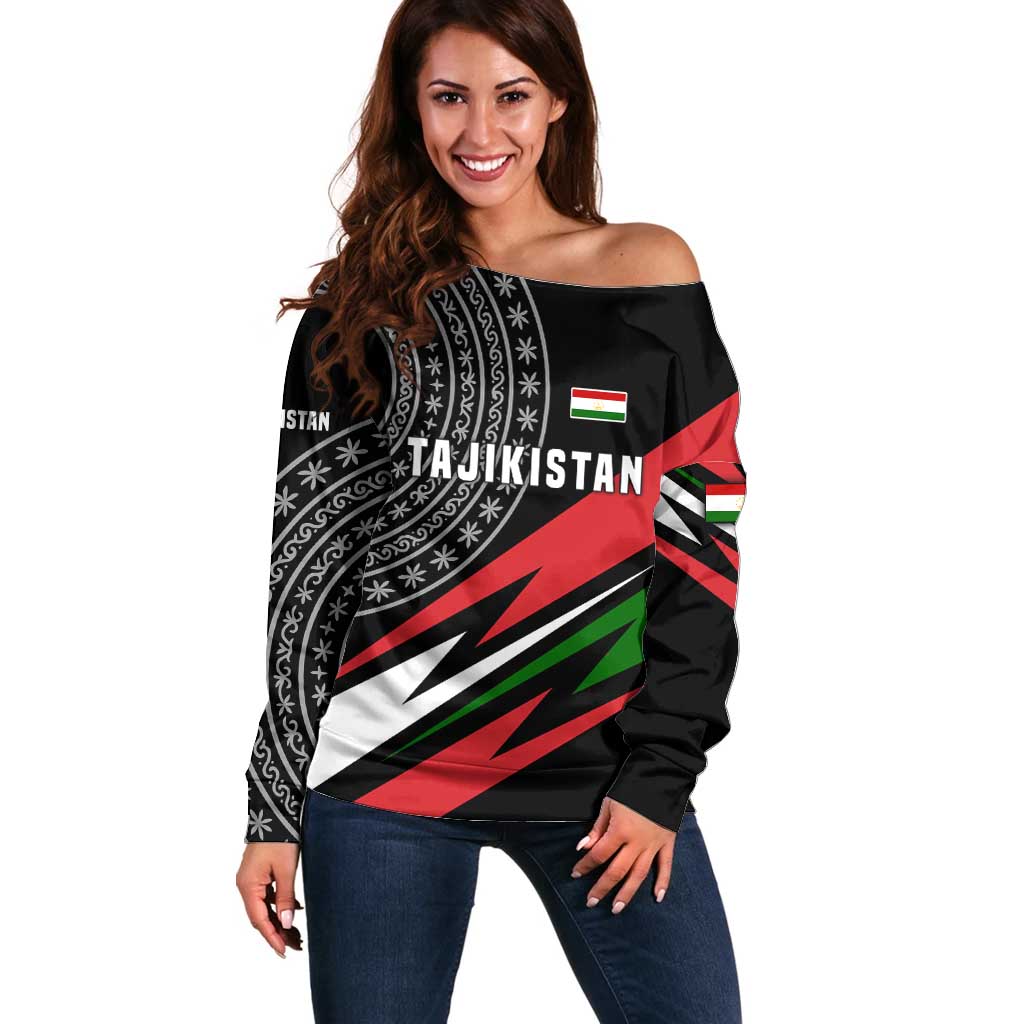 Tajikistan Marco Polo Sheep Off Shoulder Sweater with Black Red Green Tribal Flag Pattern