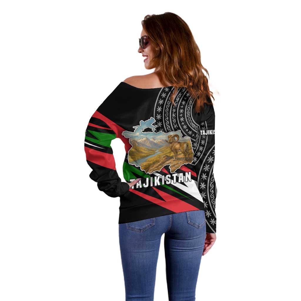 Tajikistan Marco Polo Sheep Off Shoulder Sweater with Black Red Green Tribal Flag Pattern