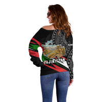 Tajikistan Marco Polo Sheep Off Shoulder Sweater with Black Red Green Tribal Flag Pattern