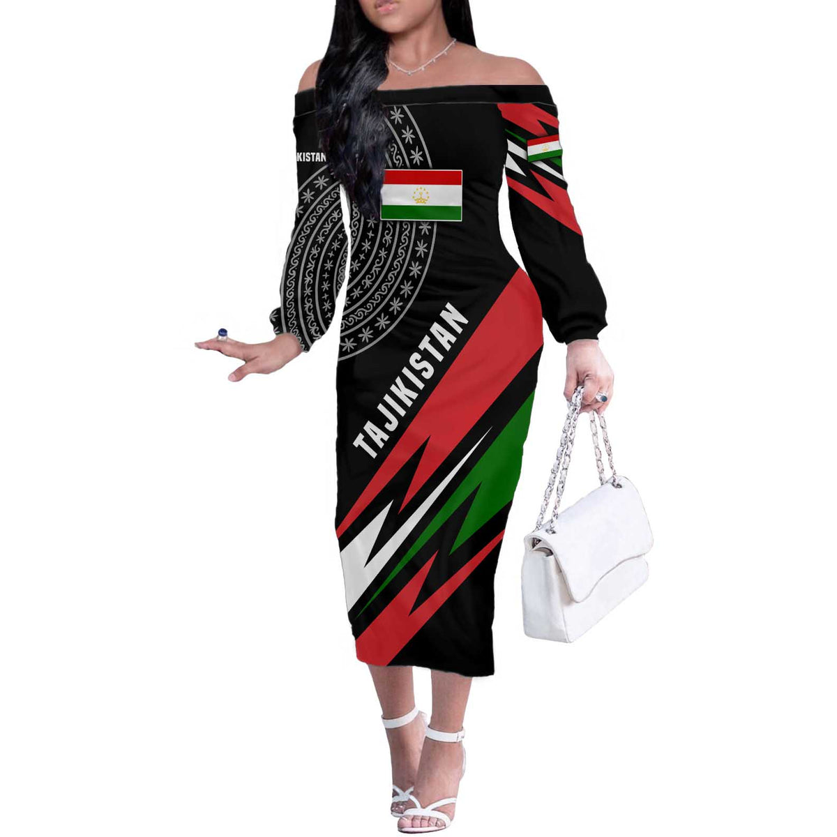 Tajikistan Marco Polo Sheep Off The Shoulder Long Sleeve Dress with Black Red Green Tribal Flag Pattern
