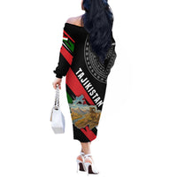 Tajikistan Marco Polo Sheep Off The Shoulder Long Sleeve Dress with Black Red Green Tribal Flag Pattern