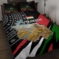 Tajikistan Marco Polo Sheep Quilt Bed Set with Black Red Green Tribal Flag Pattern
