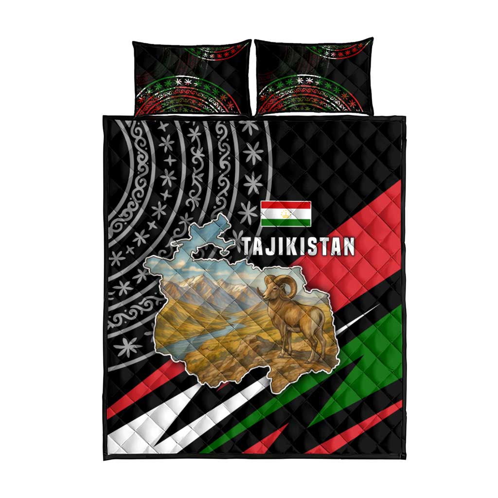 Tajikistan Marco Polo Sheep Quilt Bed Set with Black Red Green Tribal Flag Pattern