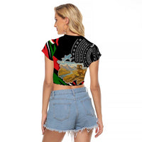 Tajikistan Marco Polo Sheep Raglan Cropped T Shirt with Black Red Green Tribal Flag Pattern