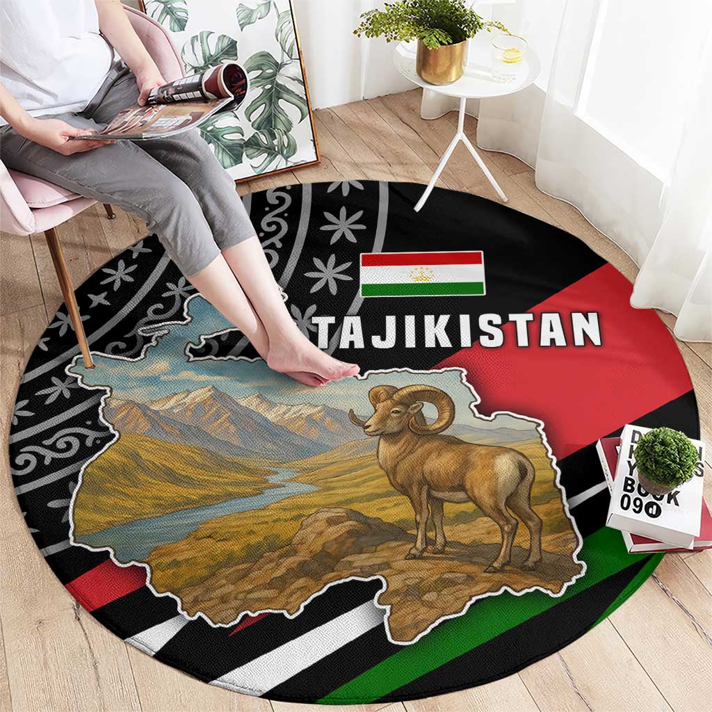Tajikistan Marco Polo Sheep Round Carpet with Black Red Green Tribal Flag Pattern