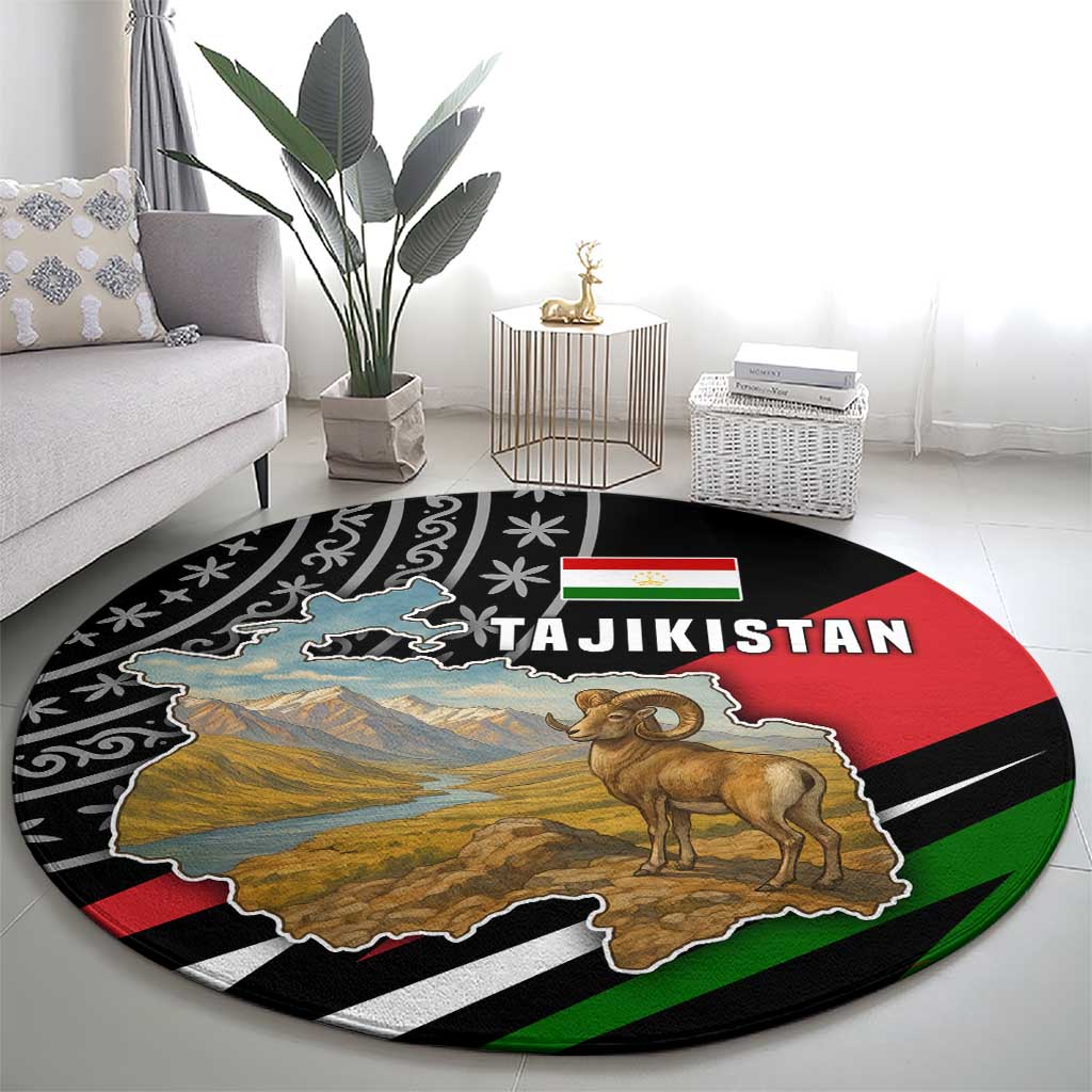 Tajikistan Marco Polo Sheep Round Carpet with Black Red Green Tribal Flag Pattern