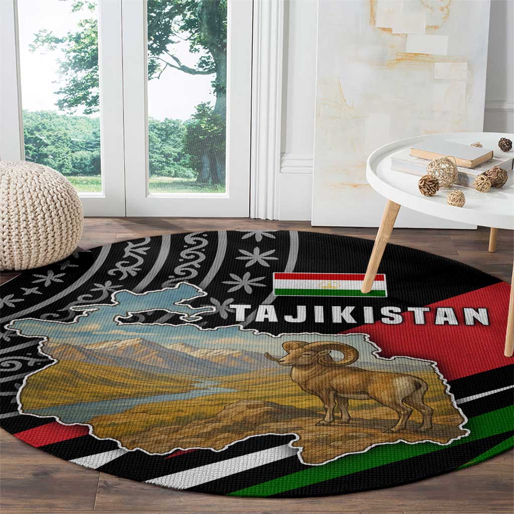 Tajikistan Marco Polo Sheep Round Carpet with Black Red Green Tribal Flag Pattern
