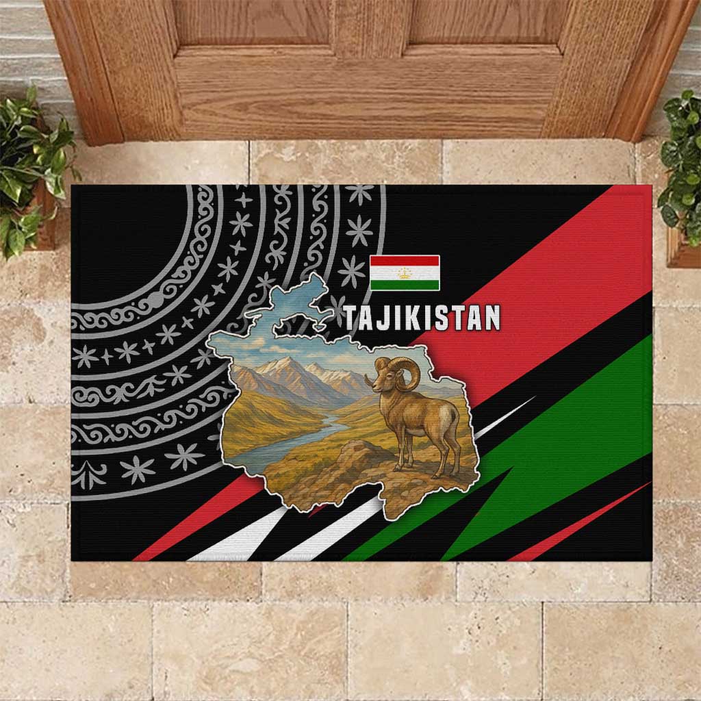 Tajikistan Marco Polo Sheep Rubber Doormat with Black Red Green Tribal Flag Pattern
