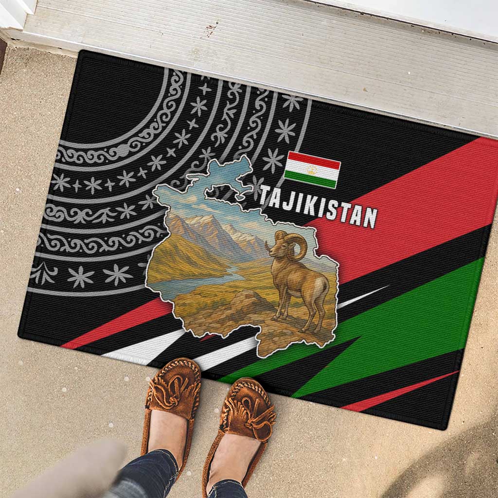 Tajikistan Marco Polo Sheep Rubber Doormat with Black Red Green Tribal Flag Pattern