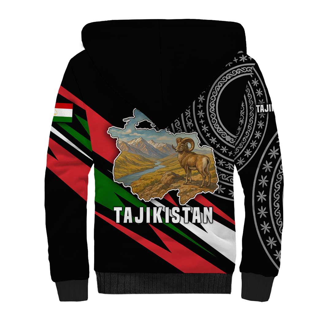 Tajikistan Marco Polo Sheep Sherpa Hoodie with Black Red Green Tribal Flag Pattern
