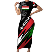 Tajikistan Marco Polo Sheep Short Sleeve Bodycon Dress with Black Red Green Tribal Flag Pattern