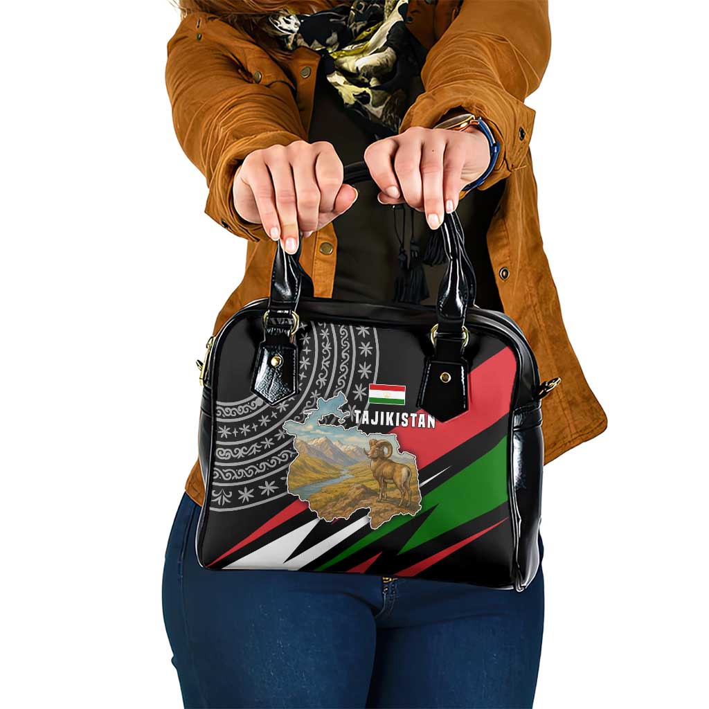 Tajikistan Marco Polo Sheep Shoulder Handbag with Black Red Green Tribal Flag Pattern