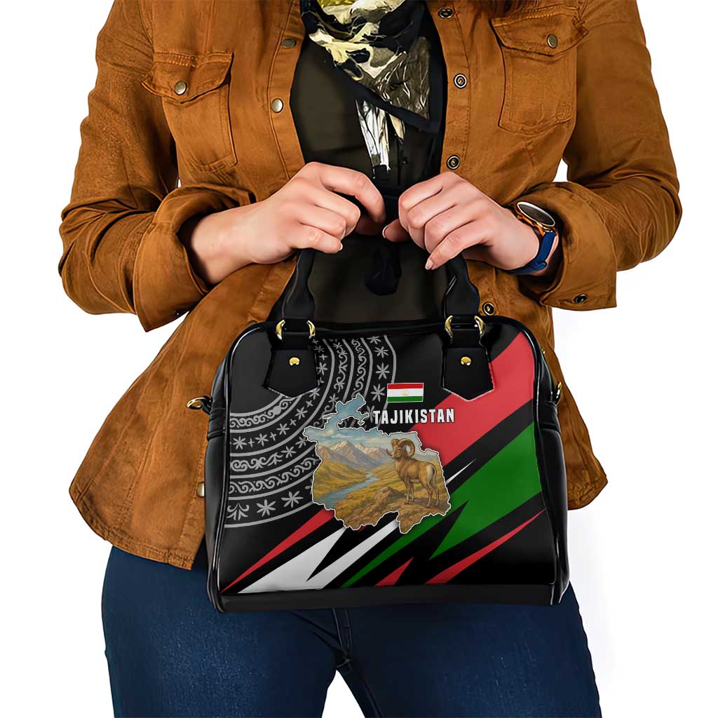 Tajikistan Marco Polo Sheep Shoulder Handbag with Black Red Green Tribal Flag Pattern