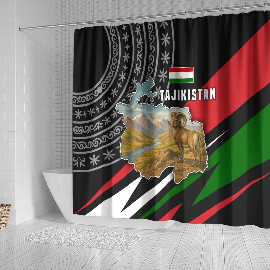 Tajikistan Marco Polo Sheep Shower Curtain with Black Red Green Tribal Flag Pattern