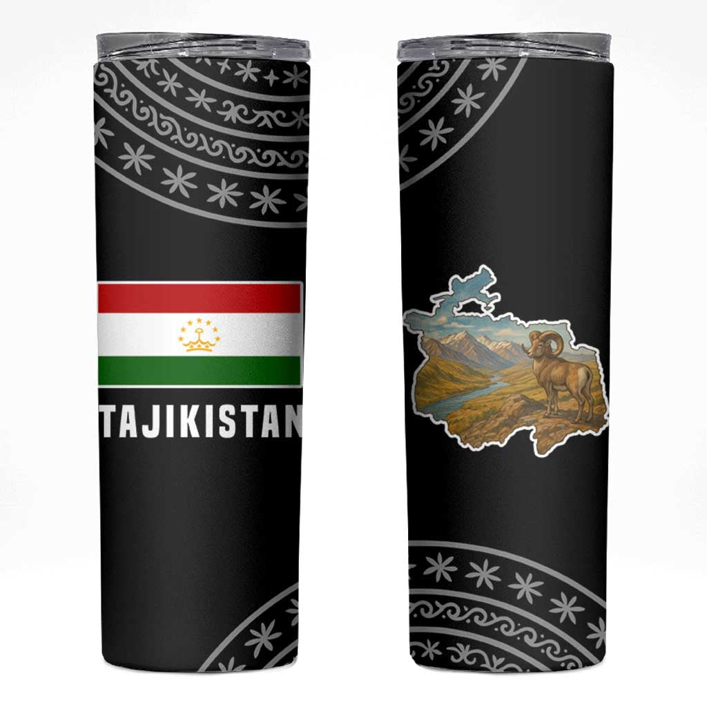 Tajikistan Marco Polo Sheep Skinny Tumbler with Black Red Green Tribal Flag Pattern