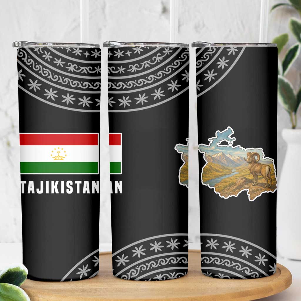 Tajikistan Marco Polo Sheep Skinny Tumbler with Black Red Green Tribal Flag Pattern