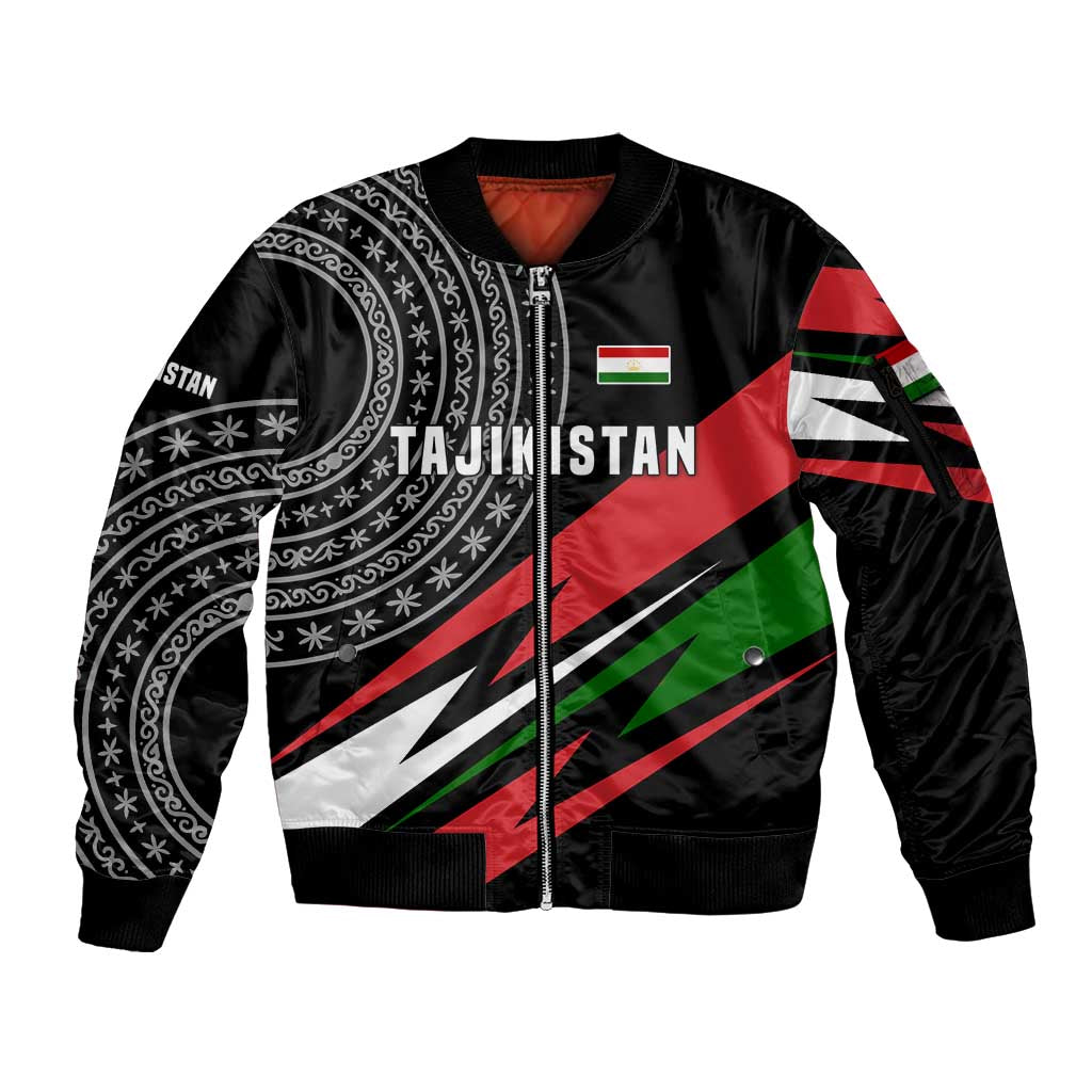 Tajikistan Marco Polo Sheep Sleeve Zip Bomber Jacket with Black Red Green Tribal Flag Pattern