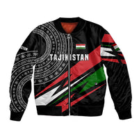 Tajikistan Marco Polo Sheep Sleeve Zip Bomber Jacket with Black Red Green Tribal Flag Pattern