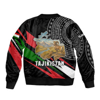 Tajikistan Marco Polo Sheep Sleeve Zip Bomber Jacket with Black Red Green Tribal Flag Pattern