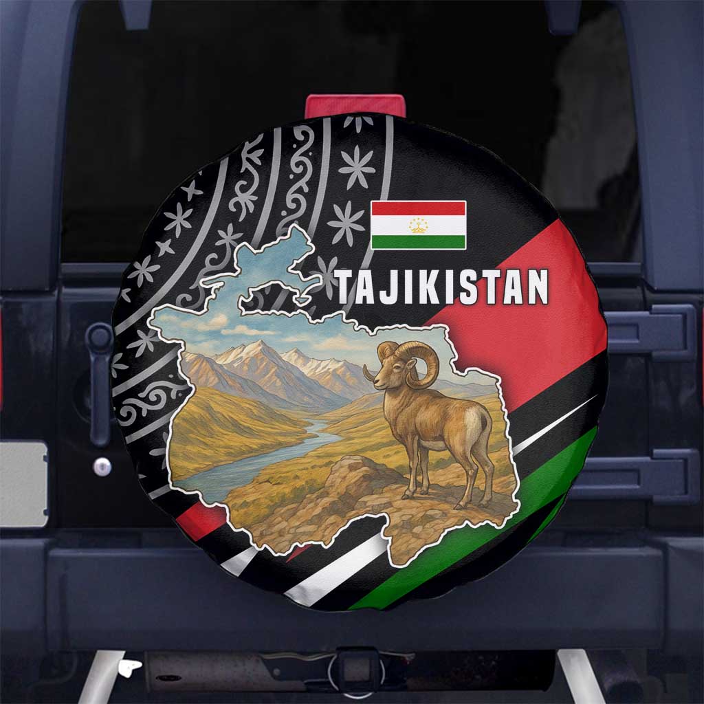 Tajikistan Marco Polo Sheep Spare Tire Cover with Black Red Green Tribal Flag Pattern