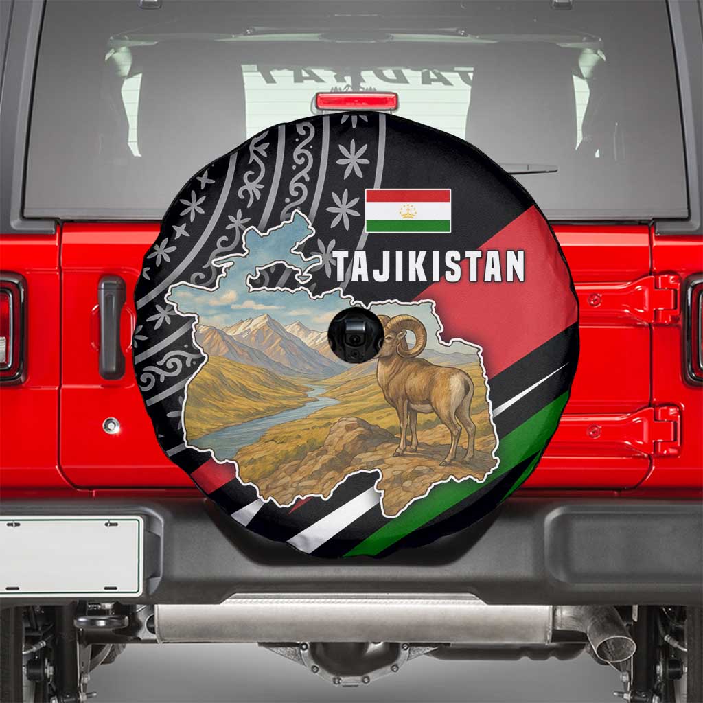 Tajikistan Marco Polo Sheep Spare Tire Cover with Black Red Green Tribal Flag Pattern