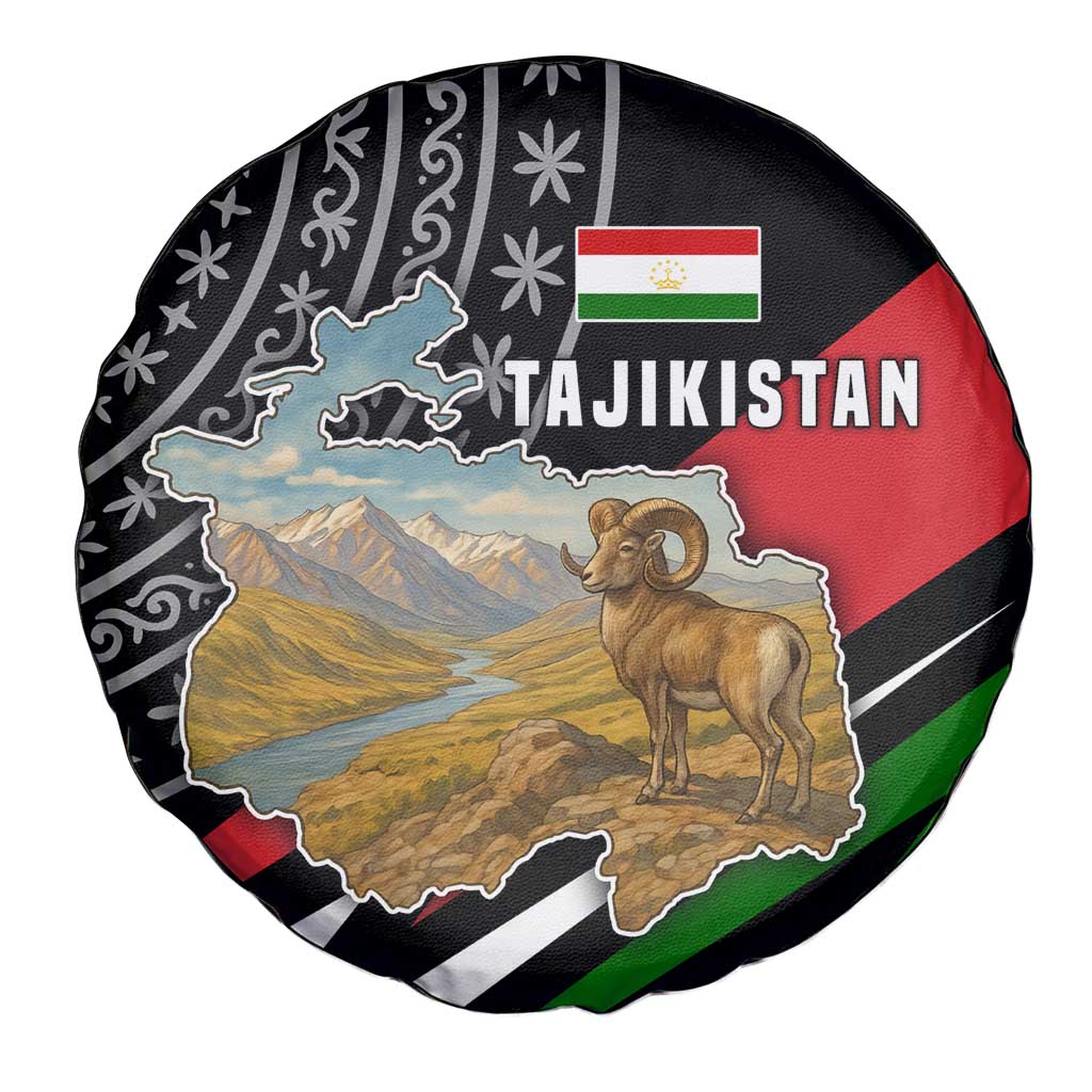 Tajikistan Marco Polo Sheep Spare Tire Cover with Black Red Green Tribal Flag Pattern