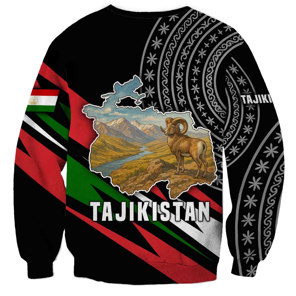 Tajikistan Marco Polo Sheep Sweatshirt with Black Red Green Tribal Flag Pattern