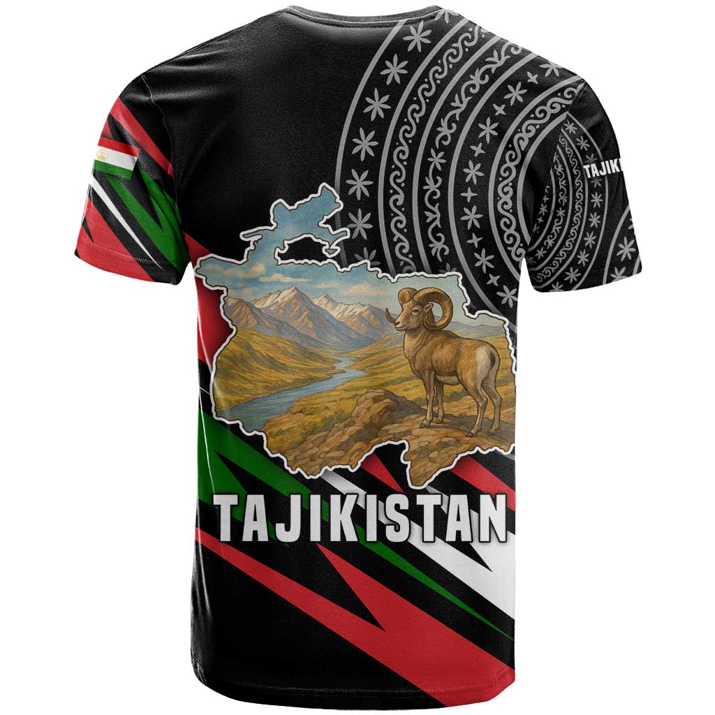 Tajikistan Marco Polo Sheep T Shirt with Black Red Green Tribal Flag Pattern
