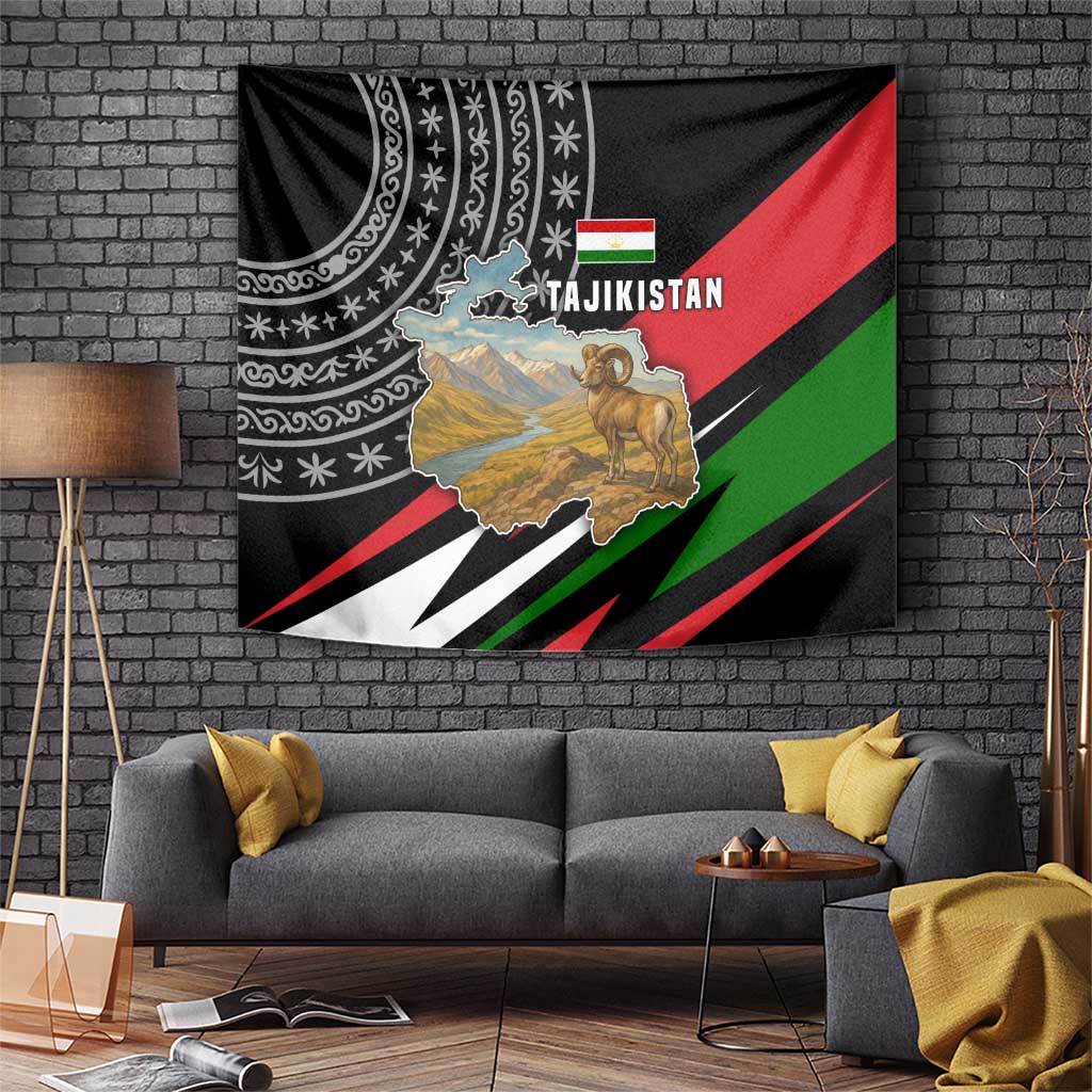 Tajikistan Marco Polo Sheep Tapestry with Black Red Green Tribal Flag Pattern