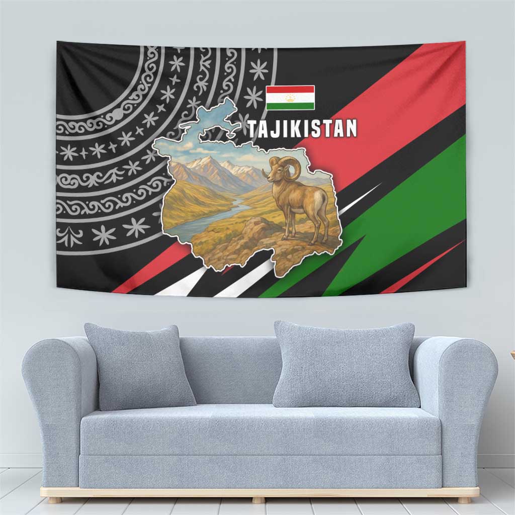Tajikistan Marco Polo Sheep Tapestry with Black Red Green Tribal Flag Pattern