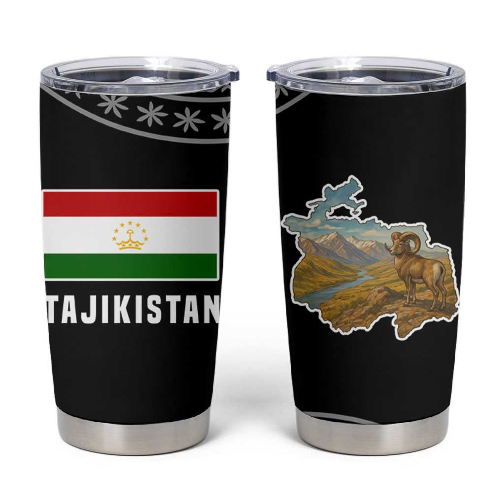 Tajikistan Marco Polo Sheep Tumbler Cup with Black Red Green Tribal Flag Pattern
