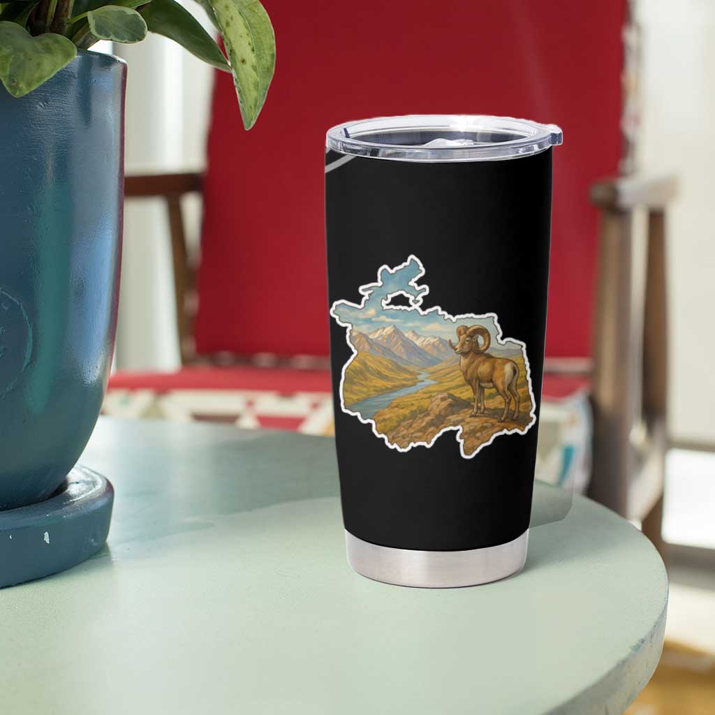 Tajikistan Marco Polo Sheep Tumbler Cup with Black Red Green Tribal Flag Pattern