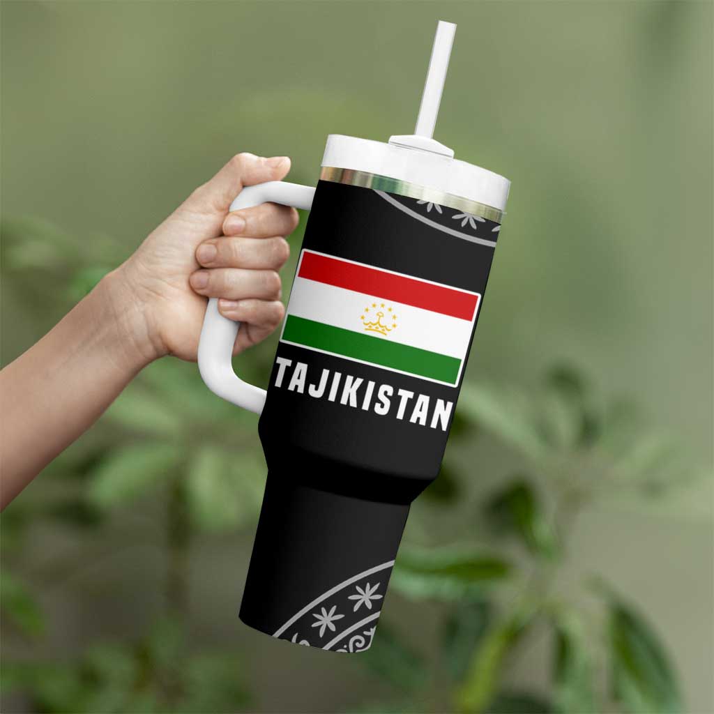 Tajikistan Marco Polo Sheep Tumbler With Handle with Black Red Green Tribal Flag Pattern