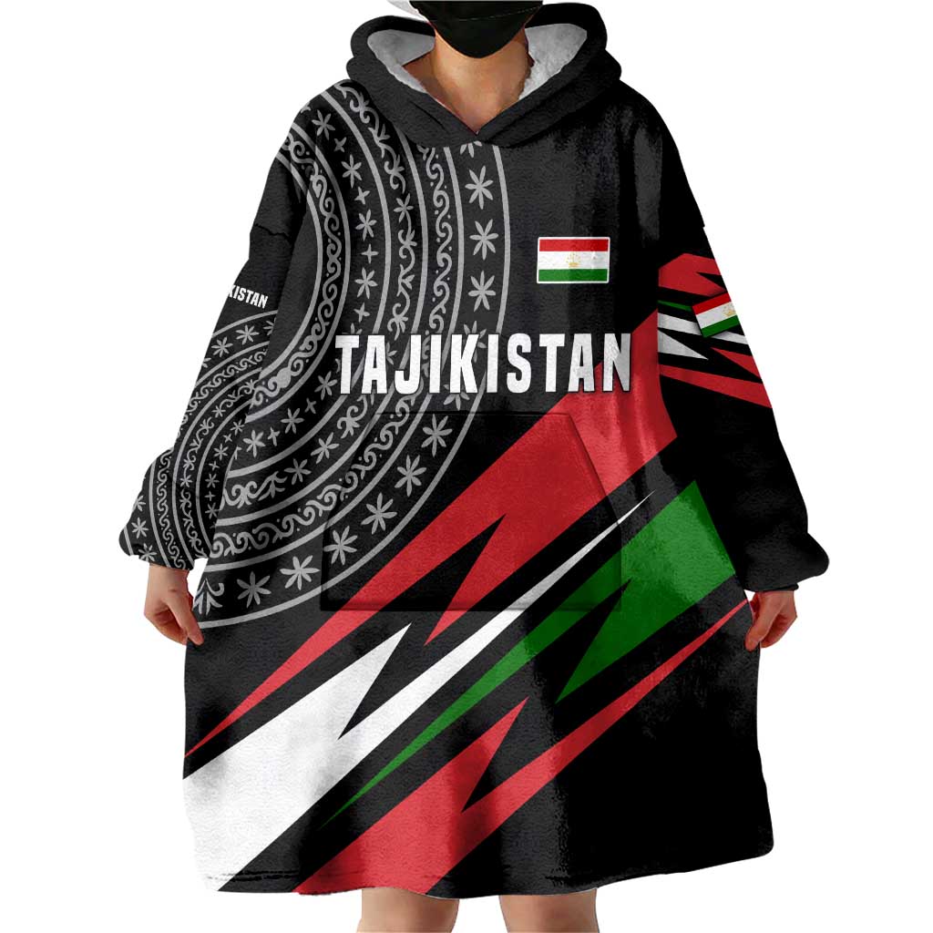 Tajikistan Marco Polo Sheep Wearable Blanket Hoodie with Black Red Green Tribal Flag Pattern