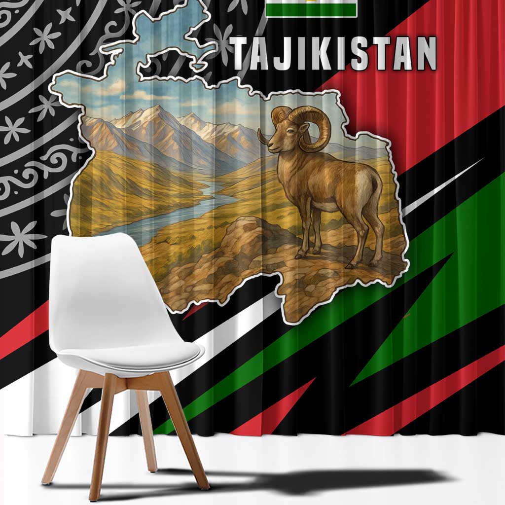 Tajikistan Marco Polo Sheep Window Curtain with Black Red Green Tribal Flag Pattern
