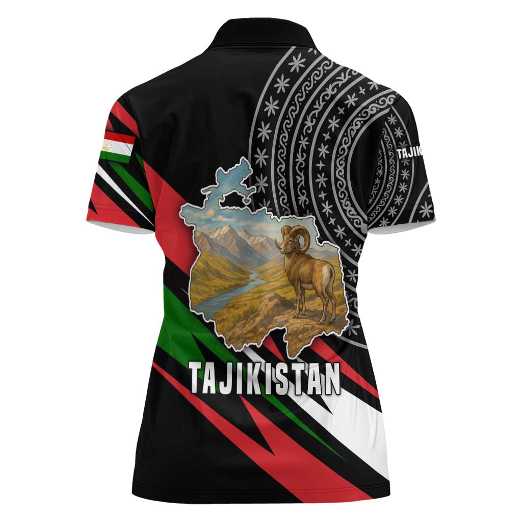 Tajikistan Marco Polo Sheep Women Polo Shirt with Black Red Green Tribal Flag Pattern