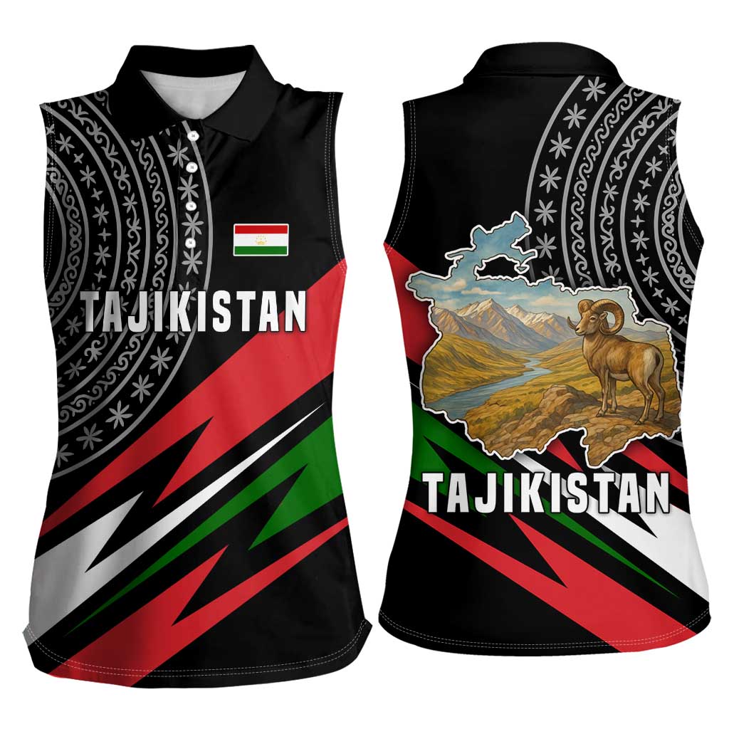 Tajikistan Marco Polo Sheep Women Sleeveless Polo Shirt with Black Red Green Tribal Flag Pattern