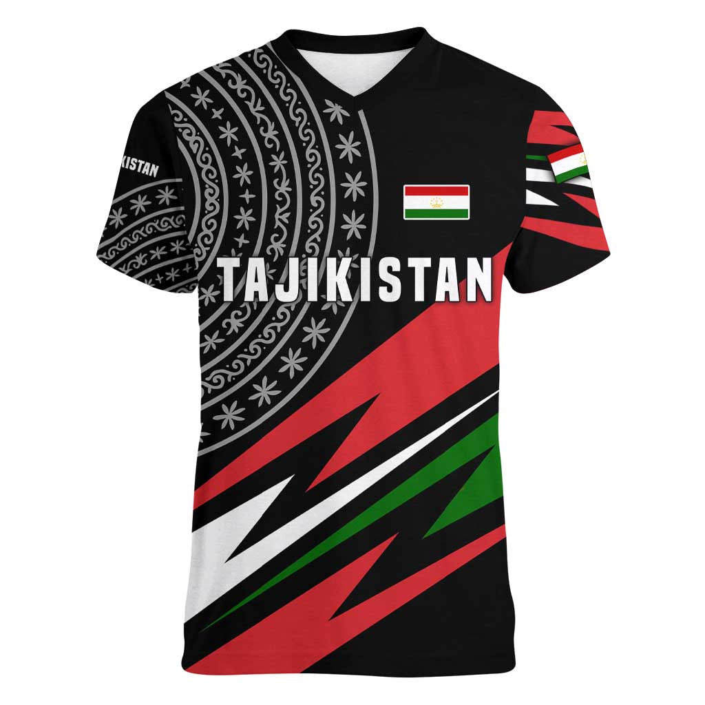 Tajikistan Marco Polo Sheep Women V-Neck T-Shirt with Black Red Green Tribal Flag Pattern