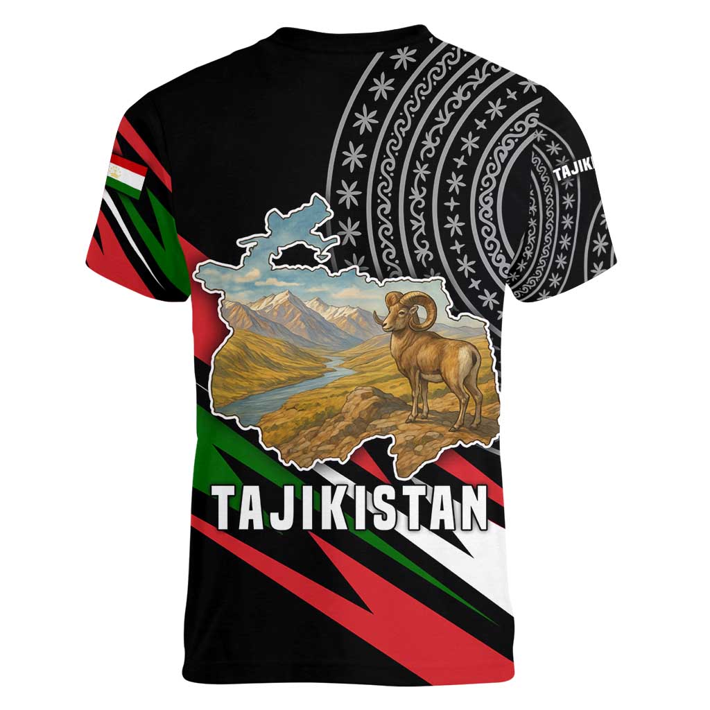Tajikistan Marco Polo Sheep Women V-Neck T-Shirt with Black Red Green Tribal Flag Pattern