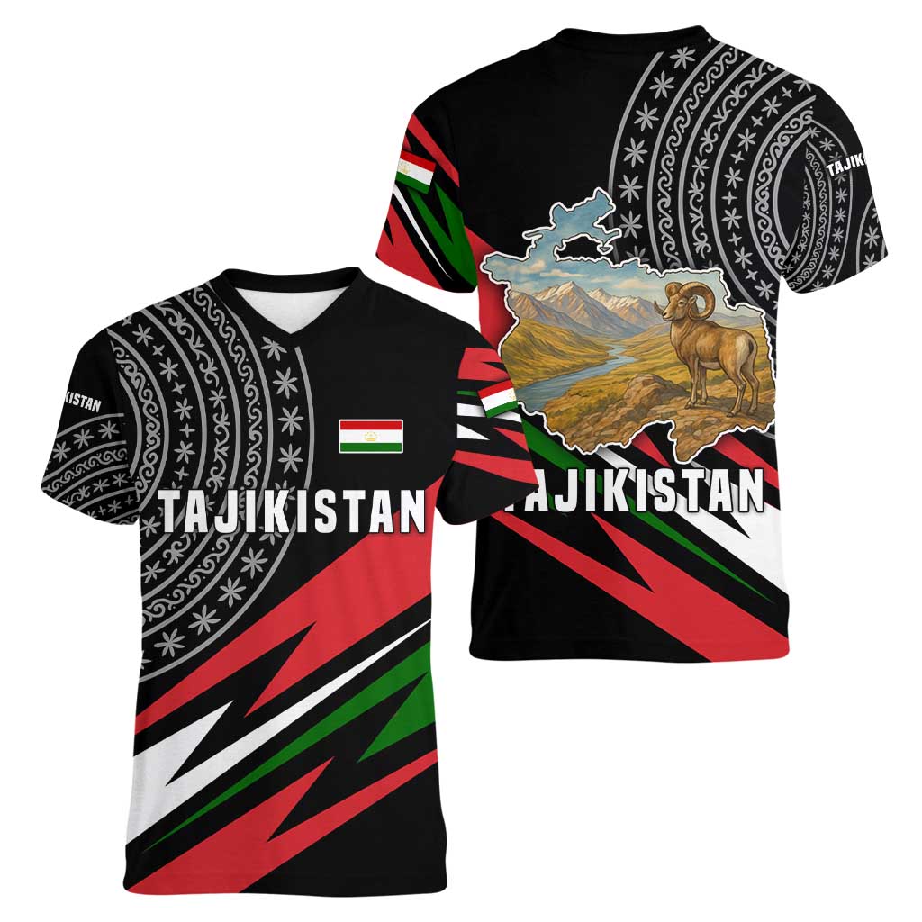Tajikistan Marco Polo Sheep Women V-Neck T-Shirt with Black Red Green Tribal Flag Pattern