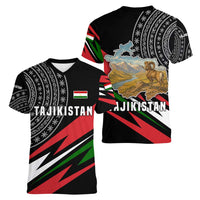 Tajikistan Marco Polo Sheep Women V-Neck T-Shirt with Black Red Green Tribal Flag Pattern