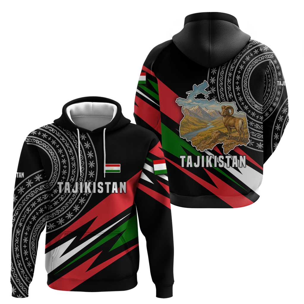 Tajikistan Marco Polo Sheep Zip Hoodie with Black Red Green Tribal Flag Pattern