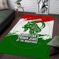 Tajikistan Area Rug Markhor with Red Green White Brushstroke Flag with Mountain Goat Design