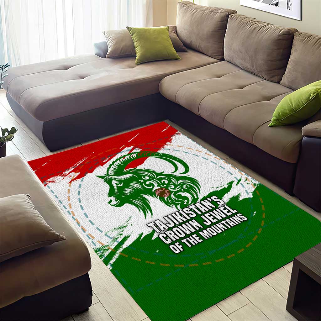 Tajikistan Area Rug Markhor with Red Green White Brushstroke Flag with Mountain Goat Design