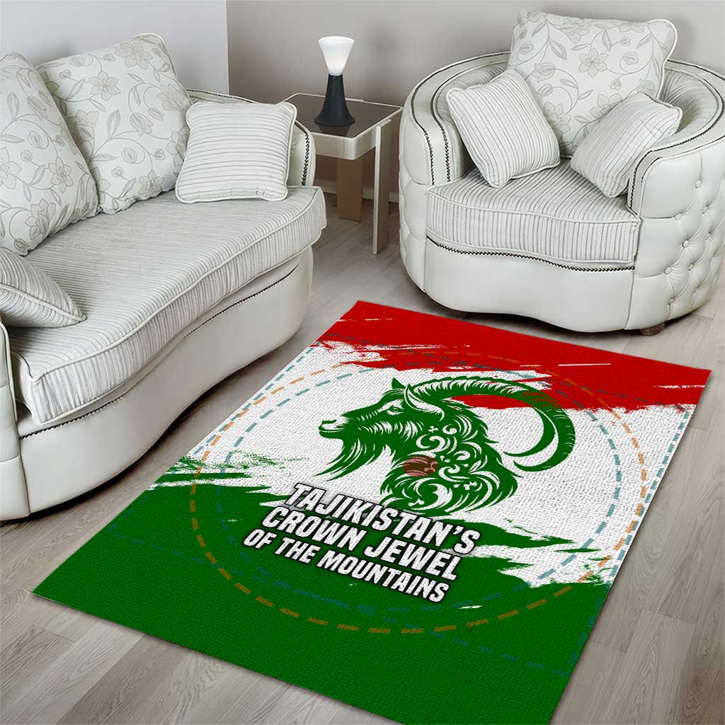 Tajikistan Area Rug Markhor with Red Green White Brushstroke Flag with Mountain Goat Design