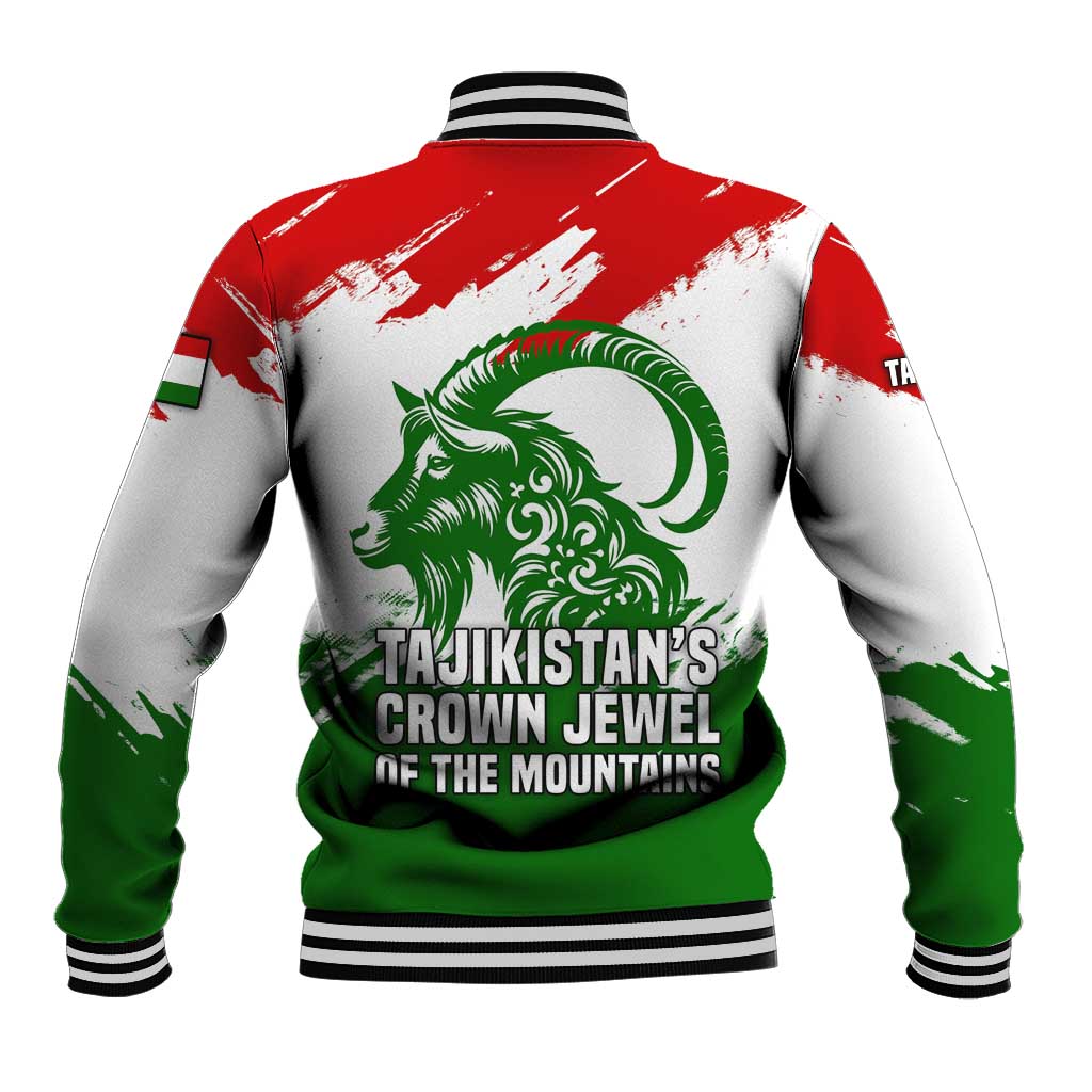 Tajikistan Baseball Jacket Markhor with Red Green White Brushstroke Flag with Mountain Goat Design