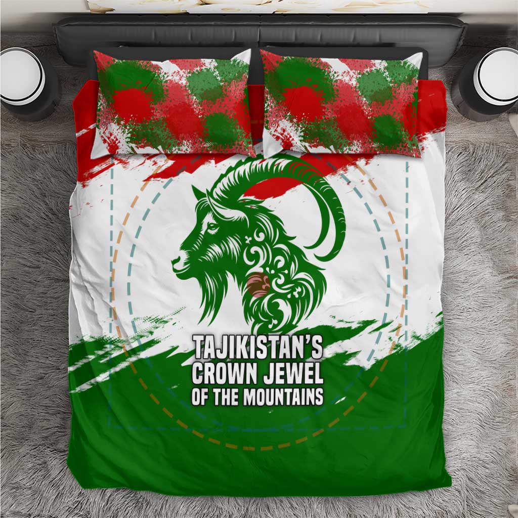 Tajikistan Bedding Set Markhor with Red Green White Brushstroke Flag with Mountain Goat Design