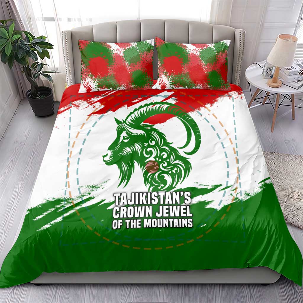 Tajikistan Bedding Set Markhor with Red Green White Brushstroke Flag with Mountain Goat Design